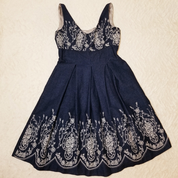 Embroidered Sleeveless Dark Denim Dress - Picture 12 of 15